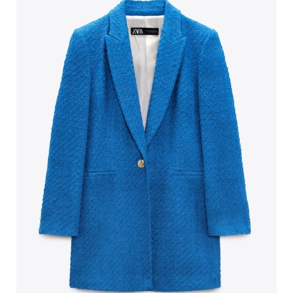 NWT Zara Chanel Style Blue Textured Tweed Long Blazer Coat - Picture 2 of 6